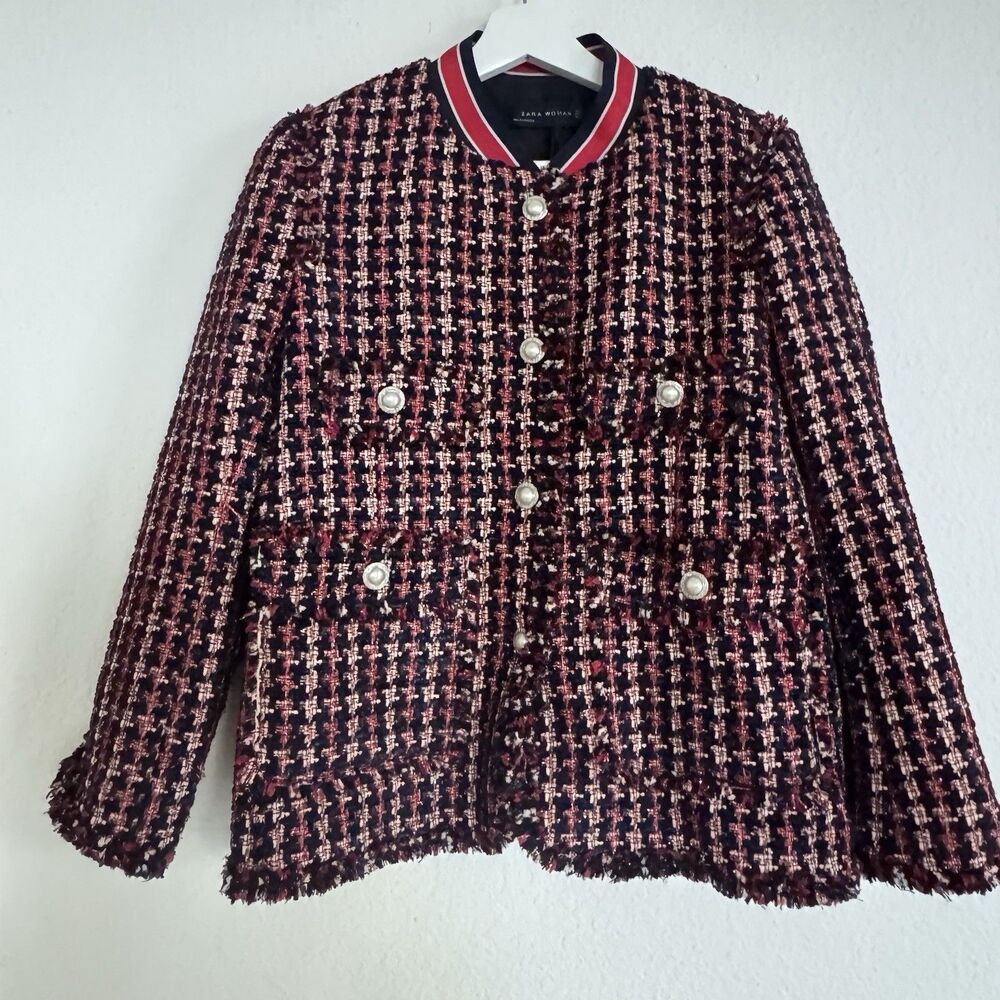 Zara Red Tweed Blazer Jacket With Striped Details Sz M Pearl Like Buttons - Picture 9 of 15